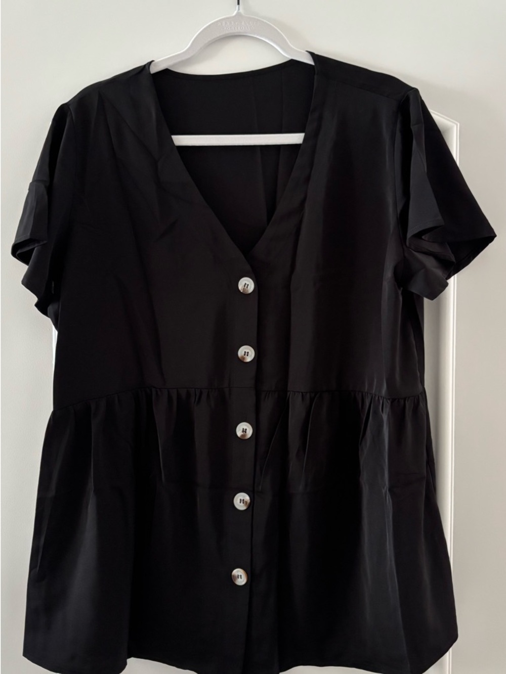 New - Black Button-Front V-Neck Babydoll Top